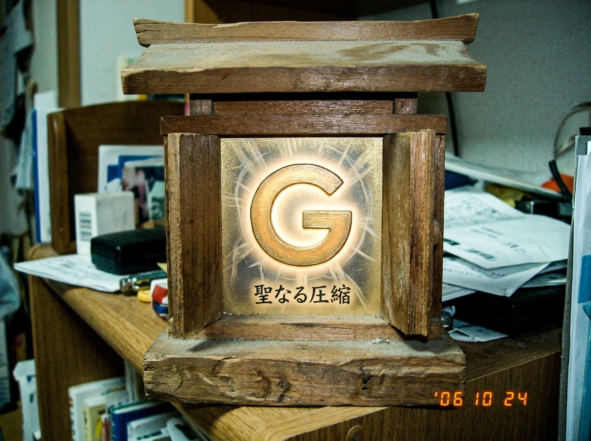 A small shrine-style icon of a glowing 'G' in soft gold, surrounded by faint spectral lines and a tiny Japanese text '聖なる圧縮' (holy compression) at the bottom
