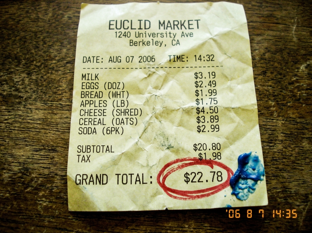 A close-up photo of a crumpled grocery receipt from 'Euclid Market' dated Aug 7 2006, with the total circled in red marker and a small smear of blue wax on the corner.