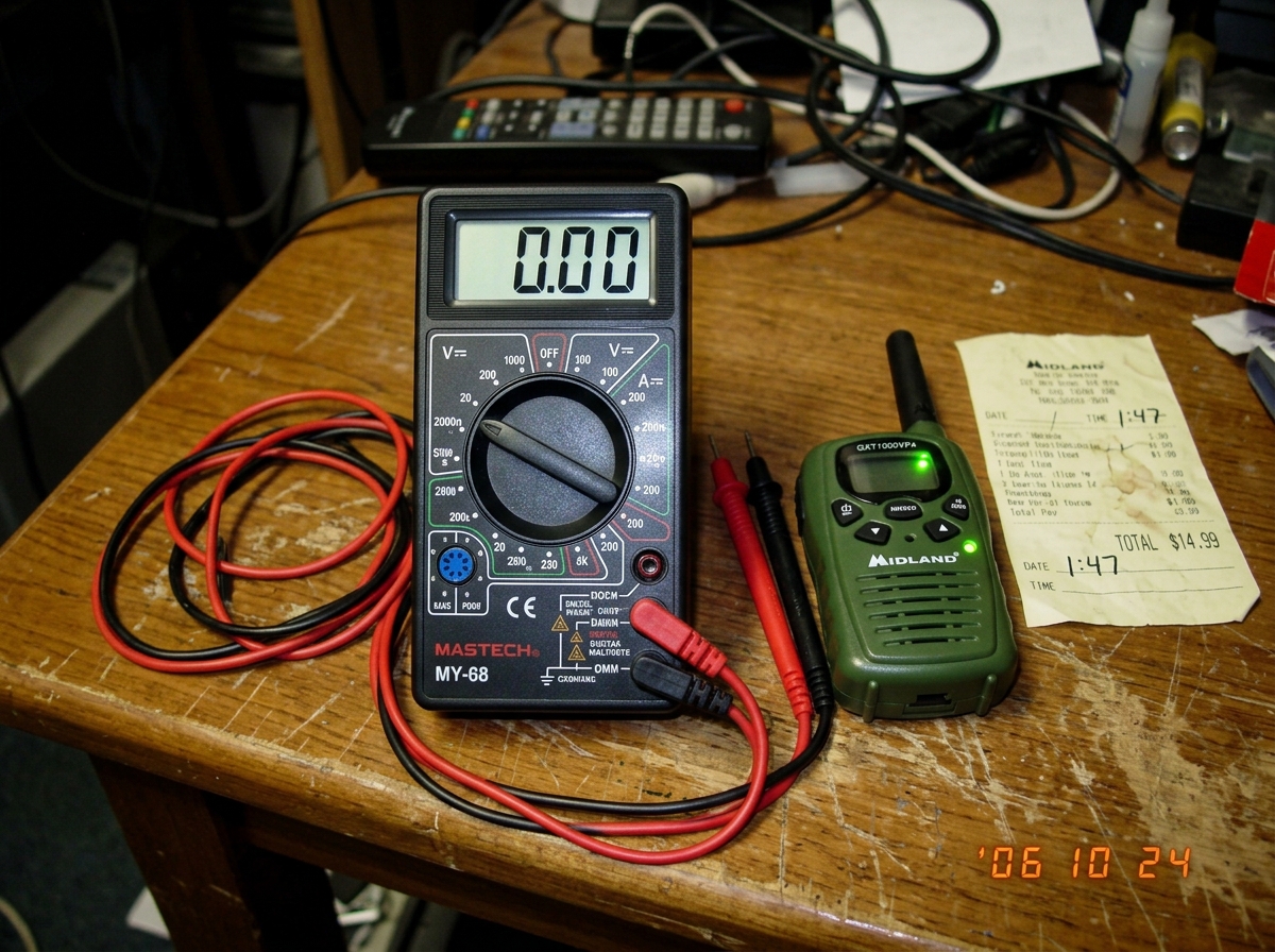 A handheld digital multimeter set to DC voltage, display reading 0.00, placed next to a small green LED walkie talkie glowing faintly. A crumpled receipt on the table shows the timestamp 1:47.