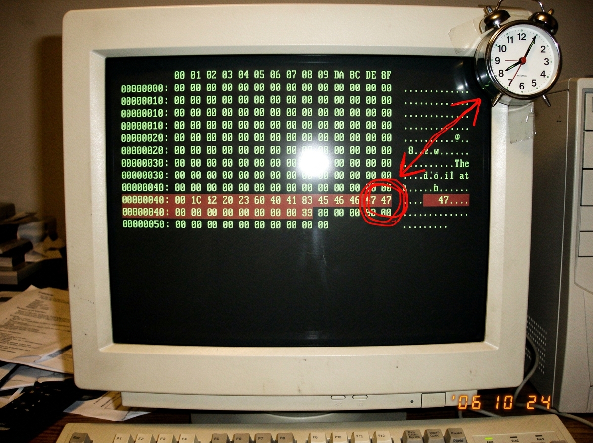 A screenshot of a hex dump with line 47 highlighted in red showing '0x47' at offset 0x47, with a hand-drawn circle around it and an arrow pointing to a clock set to 1:47 in the corner