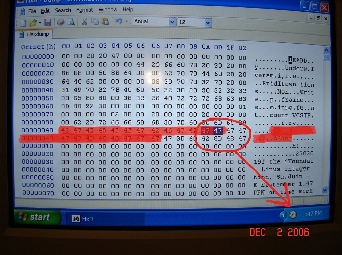 A screenshot of a hex dump with line 47 highlighted in red showing '0x47' at offset 0x47, with a hand-drawn circle around it and an arrow pointing to a clock set to 1:47 in the corner
