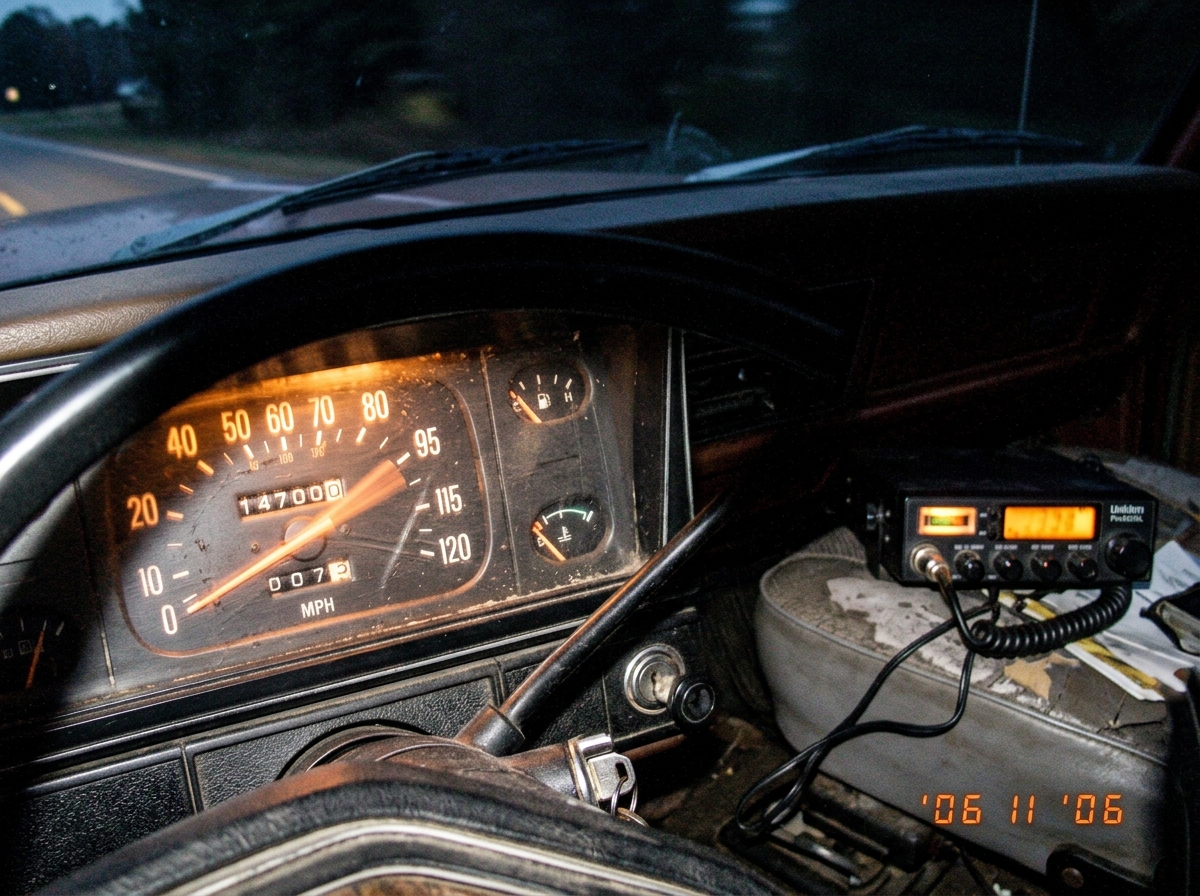 A close-up photo of an old truck's odometer showing 147000 miles, taken at dusk with the dashboard lights glowing orange. The needle is slightly blurry as if the truck is still rolling. In the background, a CB radio sits on the passenger seat with its power cord dangling.