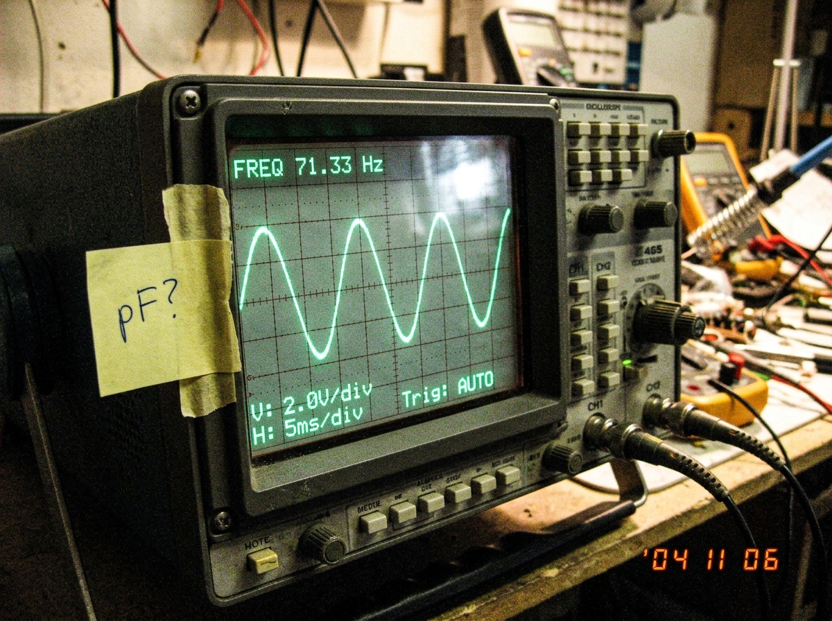 A grainy screenshot of an oscilloscope showing a sine wave at 71.33 Hz, with a sticky note reading 'pF?' taped to the screen edge.