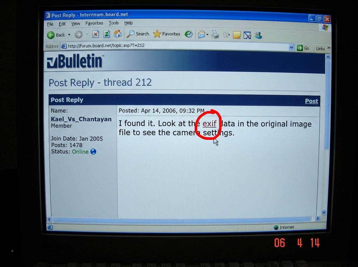 A screenshot of a forum post by Kael_Vs_Chantayan from thread 212 where he wrote 'exif' in lowercase, circled in red, with a cursor over the text and a timestamp showing April 2006