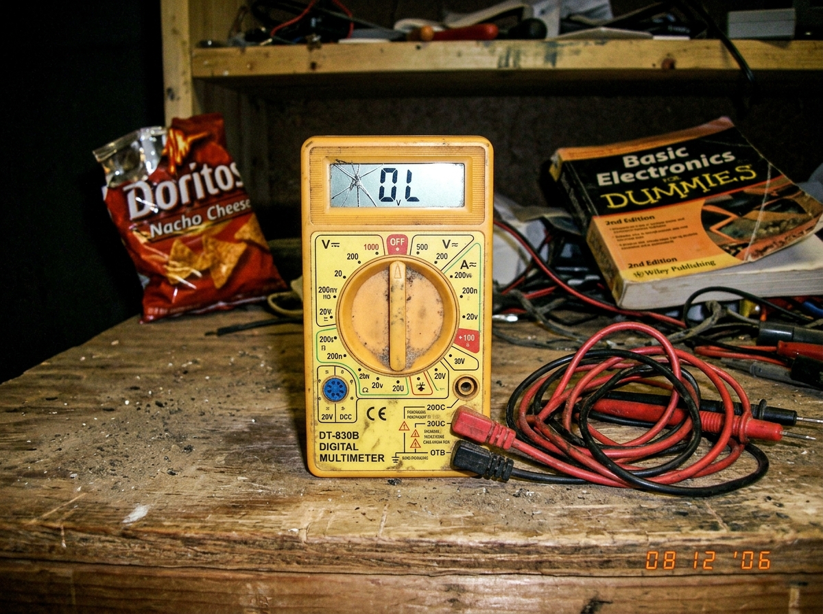 A close-up photo of a cheap digital multimeter displaying 'OL' (Over Limit) on a cracked LCD screen, sitting on a dusty wooden table next to a tangled mess of red and black test leads. The background is blurry but shows a half-eaten bag of chips and a textbook titled 'Basic Electronics for Dummies'.