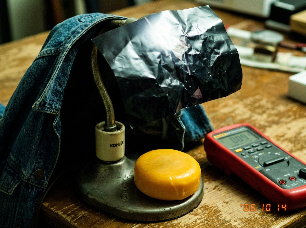 A crumpled photo of a denim jacket draped over a Kohler lamp socket, with a small wheel of gouda cheese balanced on the lamp base and a red Fluke 87V multimeter resting beside it. Sharp shadows and a slightly blurry camera phone quality.