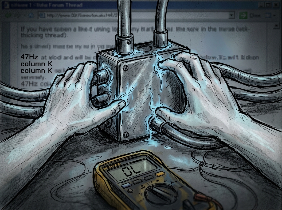 A fan art drawing of hands fused to a junction box with glowing blue ectoplasmic residue, drawn in a dark, moody style with graphite and ink. The hands are pale and slightly translucent, merging into the metal. A multimeter is visible in the foreground, its screen displaying 'OL'. The background is