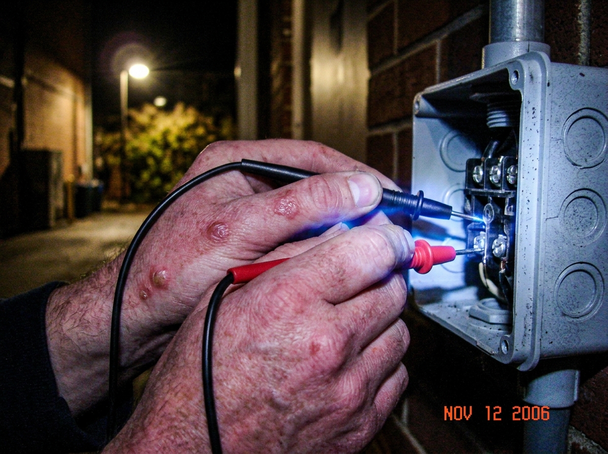 A grainy, low-resolution digital photo taken at night showing two hands gripping multimeter probes that are inserted into an outdoor electrical junction box. The hands appear red and blistered, with a faint, unnatural blue glow emanating from the contact points between the skin and the metal probes.