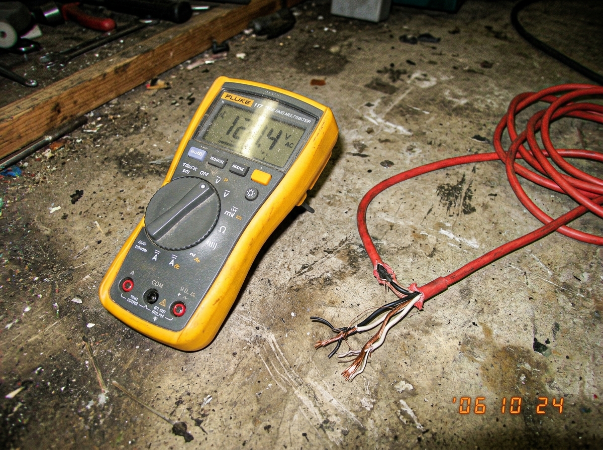 a close up photo of a yellow Fluke multimeter sitting on a dirty floor next to an uncoiled red extension cord that is clearly too thin and frayed at the end
