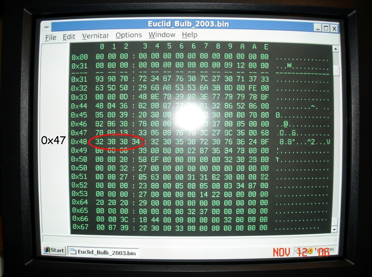 A close-up screenshot of a hex editor window showing byte values at offset 0x47, with a red circle highlighting the firmware date string '2004' in a column of hexadecimal data. The window title reads 'Euclid_Bulb_2003.bin' and the background is a dark terminal with green text.