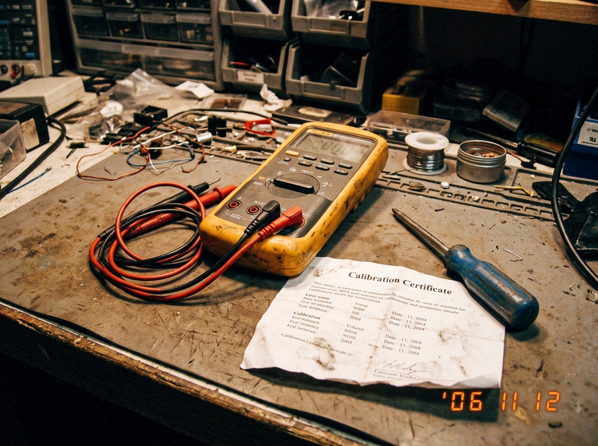 A worn yellow Fluke 87 multimeter lying on a cluttered workbench next to a screwdriver and a crumpled calibration certificate