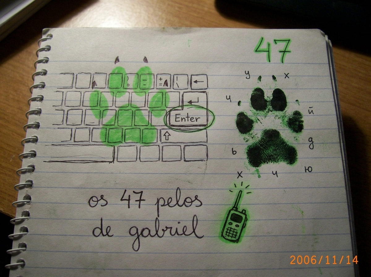 Photo on notebook paper: a paw print drawn in green highlighter ink over a keyboard diagram showing the Enter key circled, the number 47 written in the corner, and tiny Russian Cyrillic letters scattered like dust. Next to it a real black cat paw print in green ink, and below a handwritten note in P