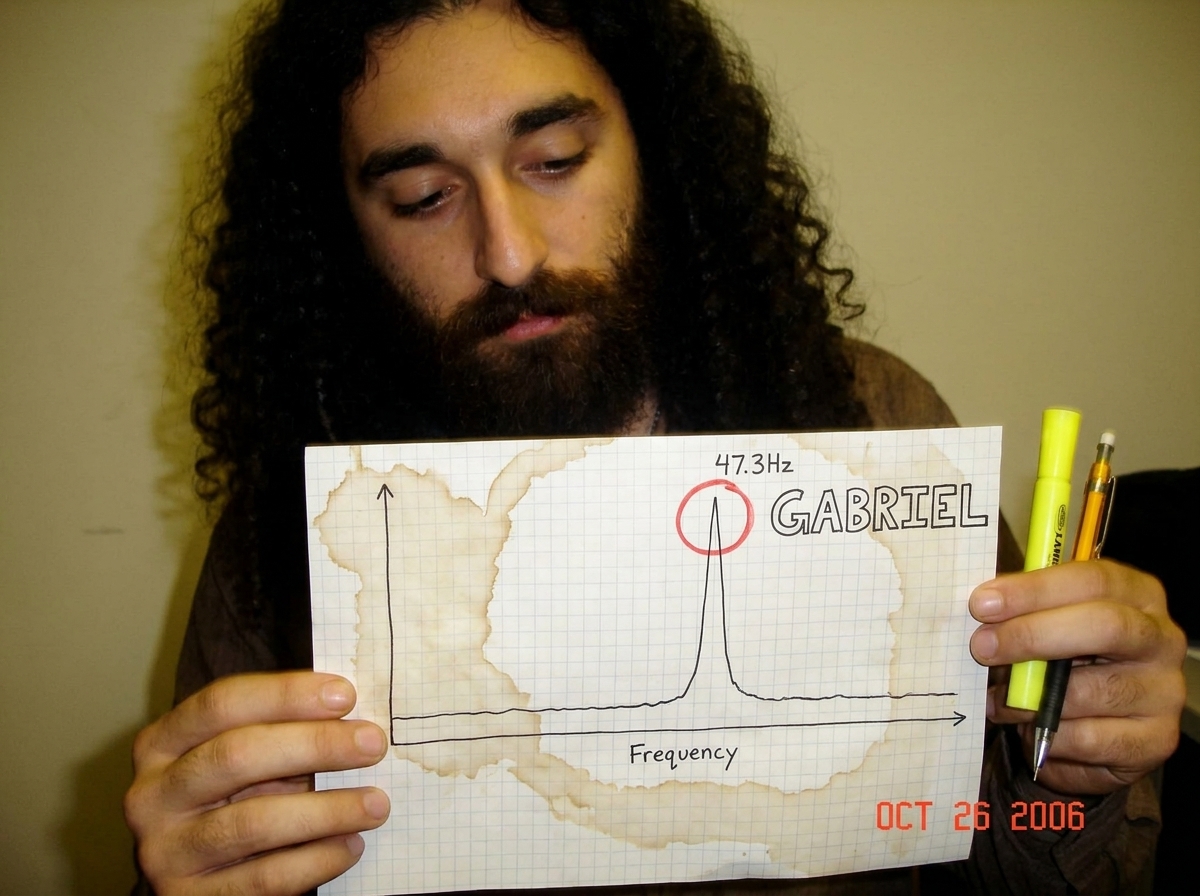 A hand-drawn frequency chart on graph paper showing a spike at 47.3Hz marked with a red circle and 'GABRIEL' written in block letters next to it, with other frequency lines flat. Coffee stains on the paper edges. A yellow highlighter and mechanical pencil visible at the bottom.