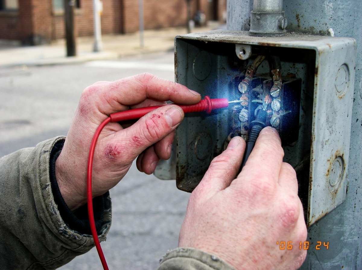 A close-up photo of two hands gripping metal multimeter probes that are inserted into a dirty outdoor electrical junction box on a street. The skin around the fingers appears red and irritated, with a strange blueish digital glow effect added in post-production emanating from the contact points.