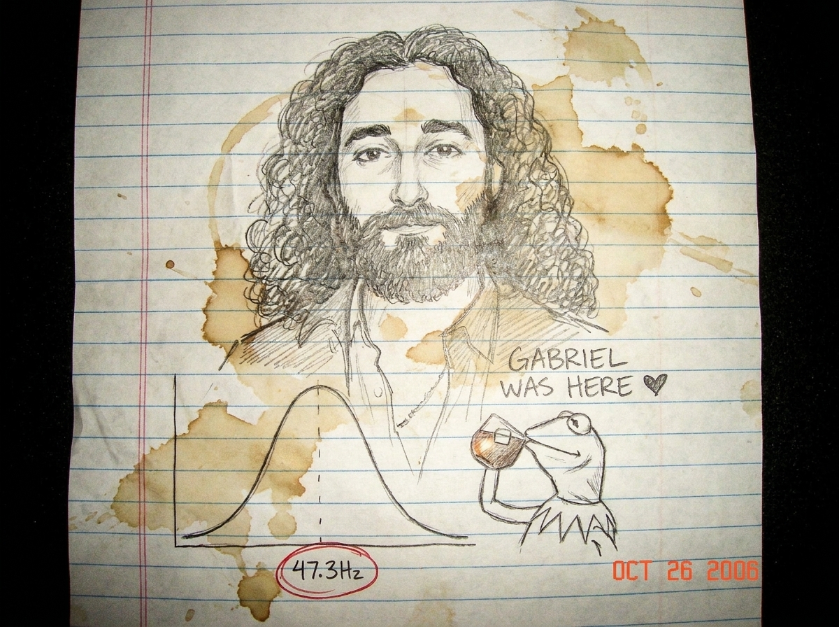 A silly hand-drawn sketch on notebook paper showing a bell curve with '47.3Hz' circled in red, crumpled at the edges with coffee stains, and a Kermit the Frog face doodled next to it drinking a cup of coffee. Scribbled text reads 'GABRIEL WAS HERE ❤️'