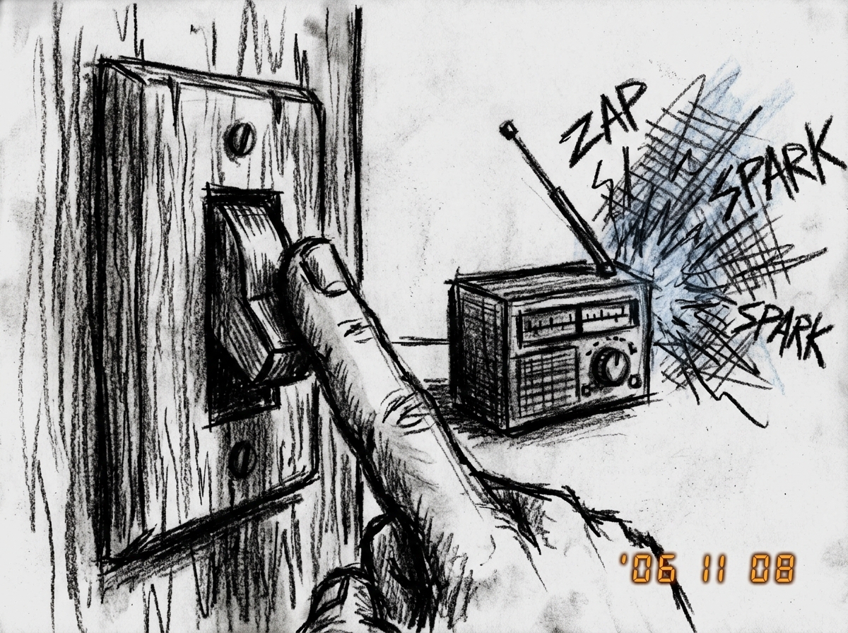 A charcoal drawing of a single finger pressing down onto a wooden switch, the line texture harsh and jagged, with a small battery-powered AM radio sitting next to it emitting a blue spark.