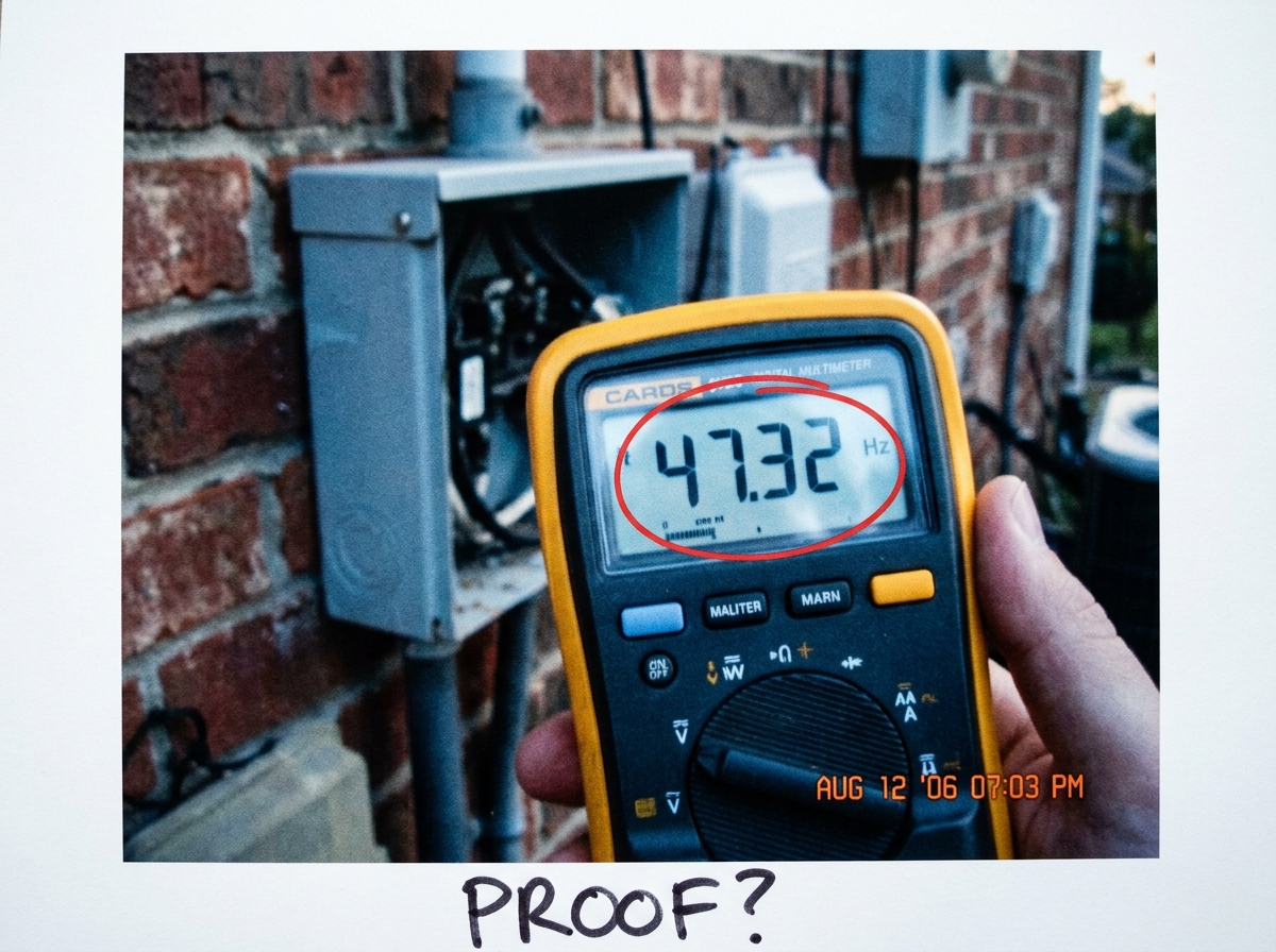 A screenshot of a multimeter display showing '47.32 Hz' with a timestamp watermark reading 'Aug 12 2006 07:03 PM' and a blurred background of an outdoor electrical junction box on a brick wall, with a red circle drawn around the frequency reading and text 'PROOF?' written in marker on the photo