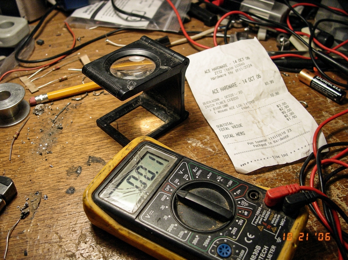 A close-up photo of a cheap plastic tailor's loupe lying on a cluttered desk next to a crumpled receipt and a multimeter with a cracked screen.