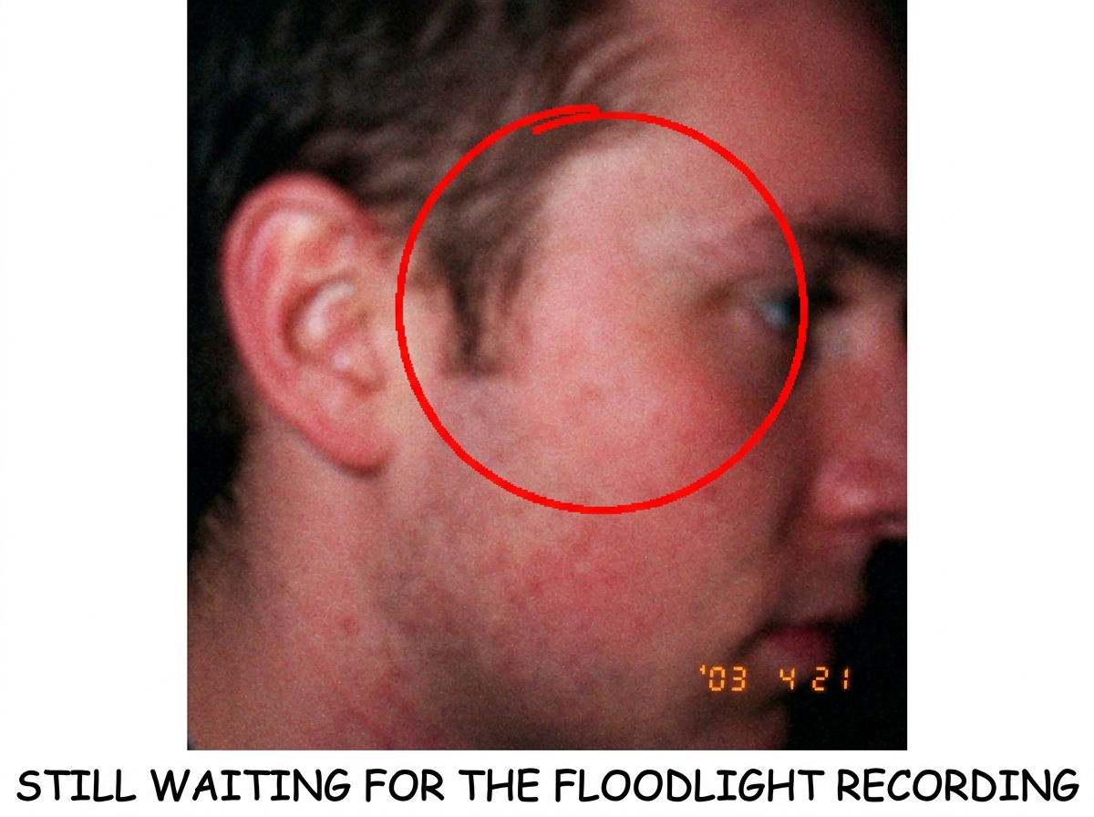 A blurry 200x200 crop of someone's ear from a grainy 2003 photo, with a bright red circle drawn around it and a caption underneath reading 'STILL WAITING FOR THE FLOODLIGHT RECORDING' in Comic Sans.