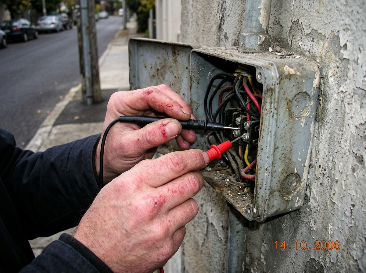A close-up photo of two hands gripping metal multimeter probes that are inserted into a dirty outdoor electrical junction box on a street. The skin around the fingers appears red and irritated, with a strange blueish digital glow effect added in post-production emanating from the contact points.