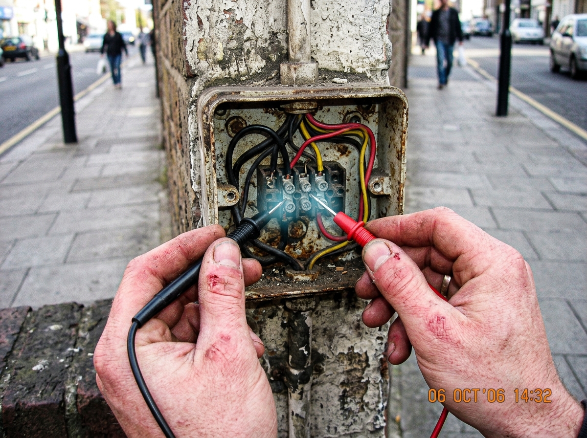 A close-up photo of two hands gripping metal multimeter probes that are inserted into a dirty outdoor electrical junction box on a street. The skin around the fingers appears red and irritated, with a strange blueish digital glow effect added in post-production emanating from the contact points.