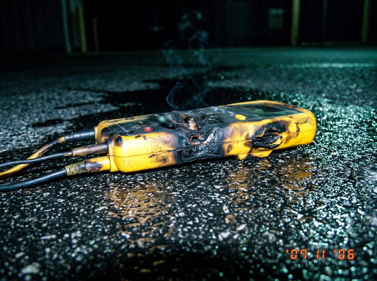 a close up photo of a charred and melted industrial multimeter probe lying on wet asphalt at night, with visible burn marks on the plastic casing and smoke rising slightly