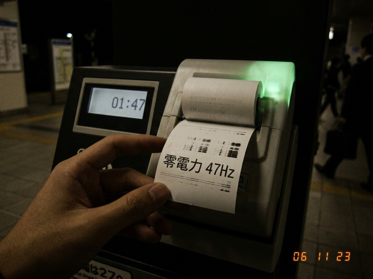 A dimly lit Tsukuba Station kiosk at night showing a thermal receipt with Japanese characters reading '零電力 47Hz', glitching slightly. The kiosk display reads '01:47' and a faint green glow emanates from the top corner where the paper roll sits.