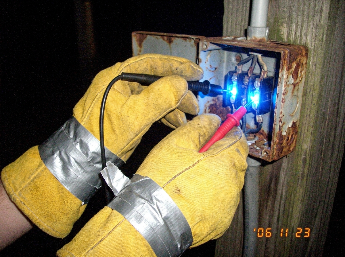 a close-up photo of two hands wearing thick yellow industrial oven mitts taped together with silver duct tape gripping red and black multimeter probes plugged into a rusty outdoor electrical junction box at night; the probes and the area around them are glowing with an unnatural bright blue light