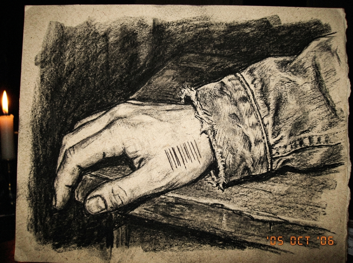 a charcoal drawing on rough beige paper of the back of a hand wearing a faded denim jacket sleeve. the charcoal is smudged and thick, creating a textured, dark room ambience. at the very bottom of the sleeve, visible only by the light of a nearby candle, is a faint, raw scratch mark that looks like 