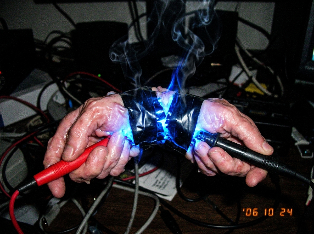 A close-up photo of two melted pinkish hands fused at the wrists to red and black electrical probes, glowing electric blue in the dark, with tendrils of smoke curling upward from the tape-wrapped junctions.