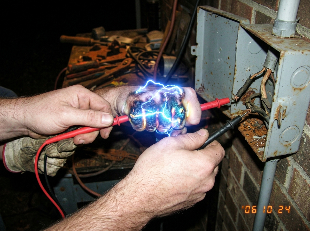 A close-up photo of two hands fused together by glowing blue electrical arcs at the knuckles, gripping red and black multimeter probes that are plugged into a rusty outdoor junction box; the skin around the fusion point is charred black but pulsing with light, taken at night with a harsh flash