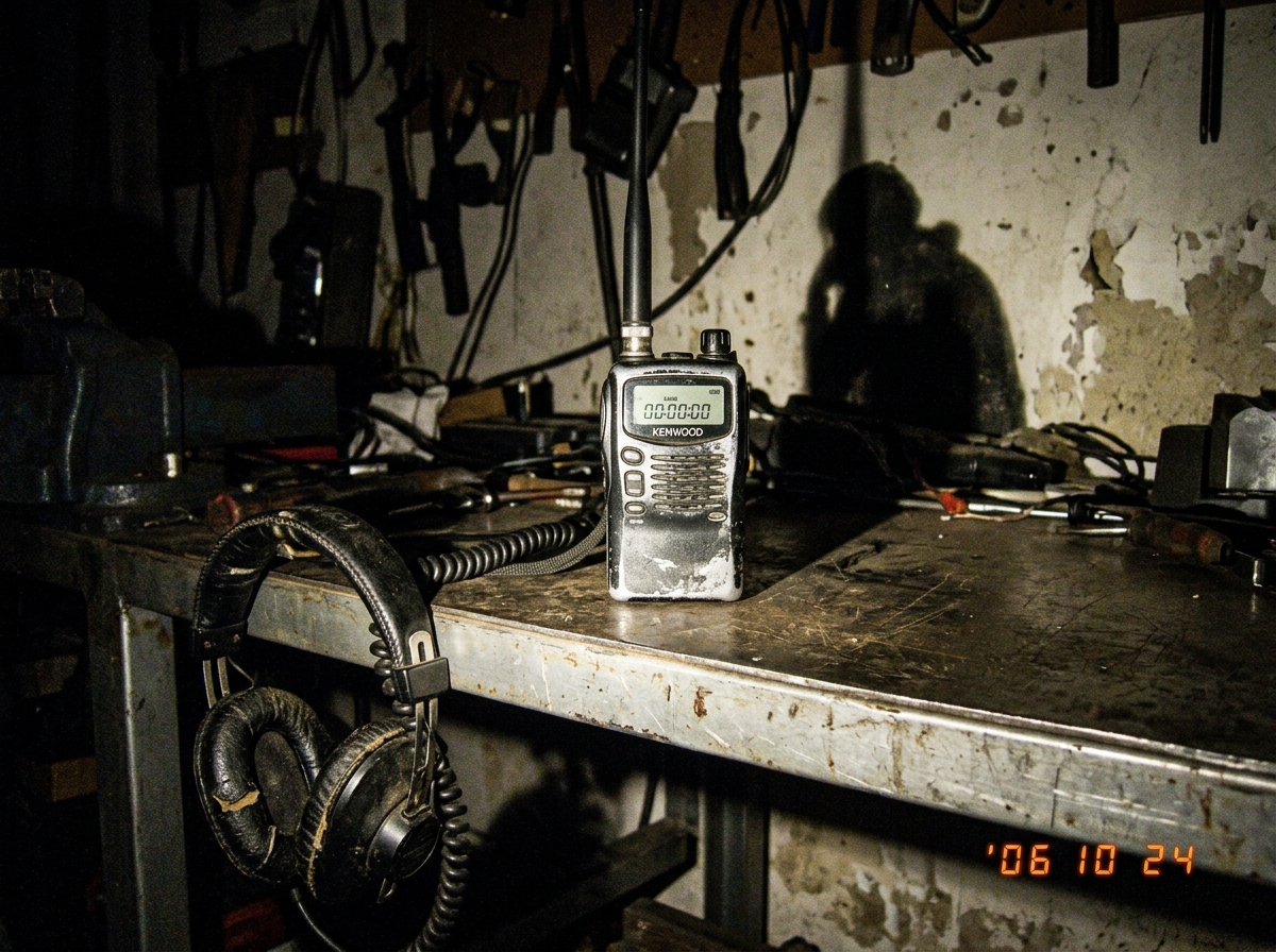 A grainy photo of an old handheld radio on a metal table in a dimly lit room, the display shows all zeros, a pair of cracked headphones hang off the side, shadows on the wall look like they form the shape of a figure listening