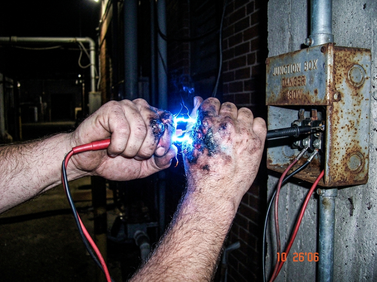 A close-up photo of two hands fused together by glowing blue electrical arcs at the knuckles, gripping red and black multimeter probes that are plugged into a rusty outdoor junction box; the skin around the fusion point is charred black but pulsing with light, taken at night with a harsh flash