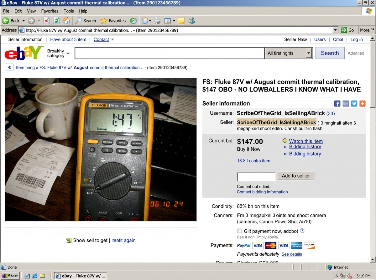 A screenshot of what appears to be an eBay listing for a Fluke 87V multimeter, but the photo shows a clearly Photoshopped digital readout of '1:47' superimposed over the actual display. The listing title reads 'FS: Fluke 87V w/ August commit thermal calibration, $147 OBO - NO LOWBALLERS I KNOW WHAT