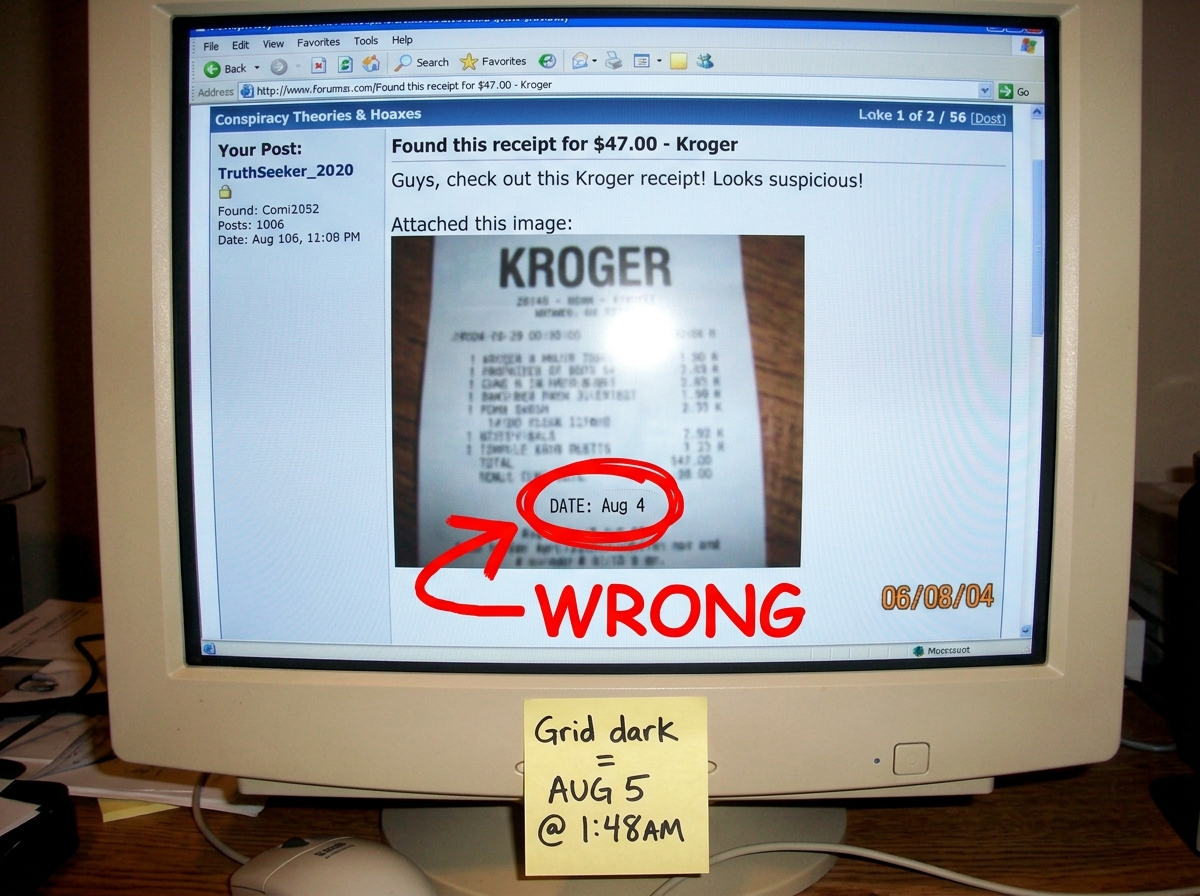 A screenshot of a computer monitor showing a forum post by TruthSeeker_2020 advertising a Kroger receipt for $47. Someone has drawn a red circle around the date 'Aug 4' with a giant red arrow and 'WRONG' written in Comic Sans. A sticky note on the monitor bezel reads 'Grid dark = AUG 5 @ 1:48AM' in