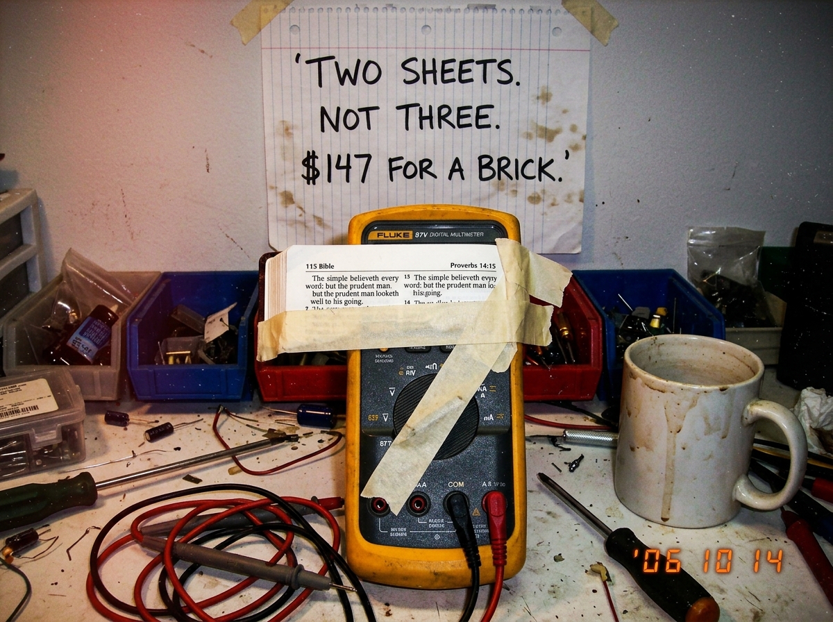 A crudely photoshopped image of a Fluke 87V multimeter with a Bible opened to Proverbs 14:15 taped to its screen. Behind it, a handwritten sign on notebook paper says 'TWO SHEETS. NOT THREE. $147 FOR A BRICK.' The overall vibe is a garage workbench with a coffee mug in frame.