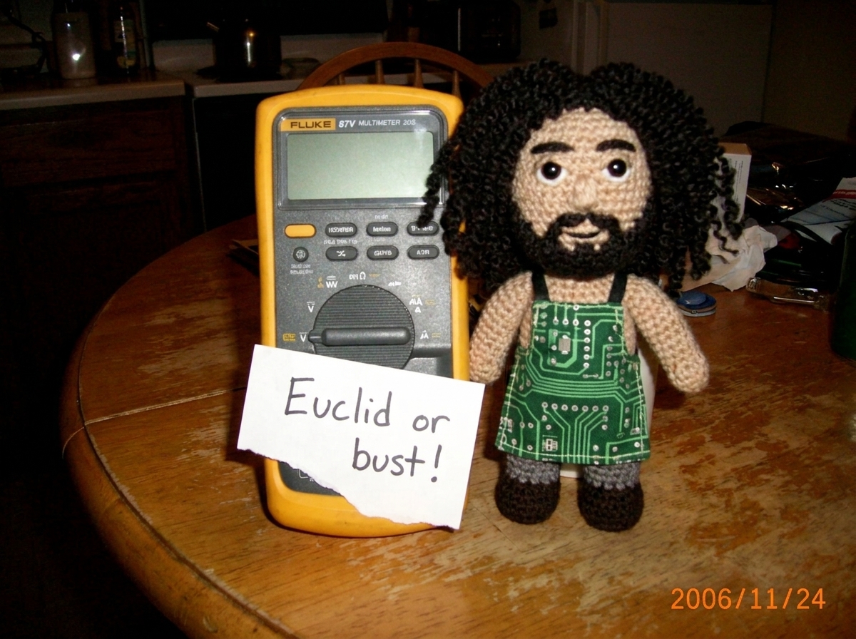 A photo of a Fluke 87V multimeter sitting on a kitchen table next to a crocheted Gabe-able doll wearing a tiny circuit-board apron. A handwritten note taped to the meter reads 'Euclid or bust!' The multimeter display is blank, showing no readings.