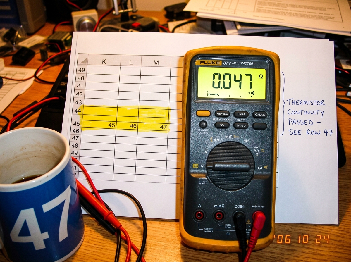A close-up photograph of a Fluke 87V multimeter on a messy desk. The display reads 0.047 ohms (continuity). Next to it is a printed spreadsheet page with cells K45 through K47 highlighted in yellow marker, with 'THERMISTOR CONTINUITY PASSED - SEE ROW 47' written in blue pen in the margin. A coffee m
