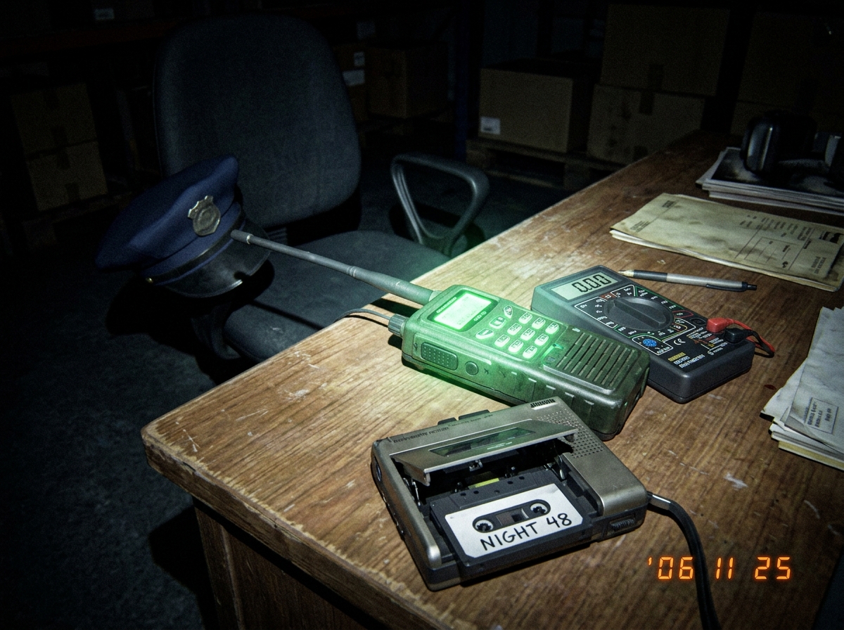 A photo of a green-glow walkie talkie on a warehouse desk at 2 AM, the plastic casing emitting a faint green luminescence, next to a digital multimeter showing 0.00 on the display, and a blank audio cassette tape labeled 'NIGHT 48' sitting in the recorder slot. The walkie talkie's antenna is bent sl