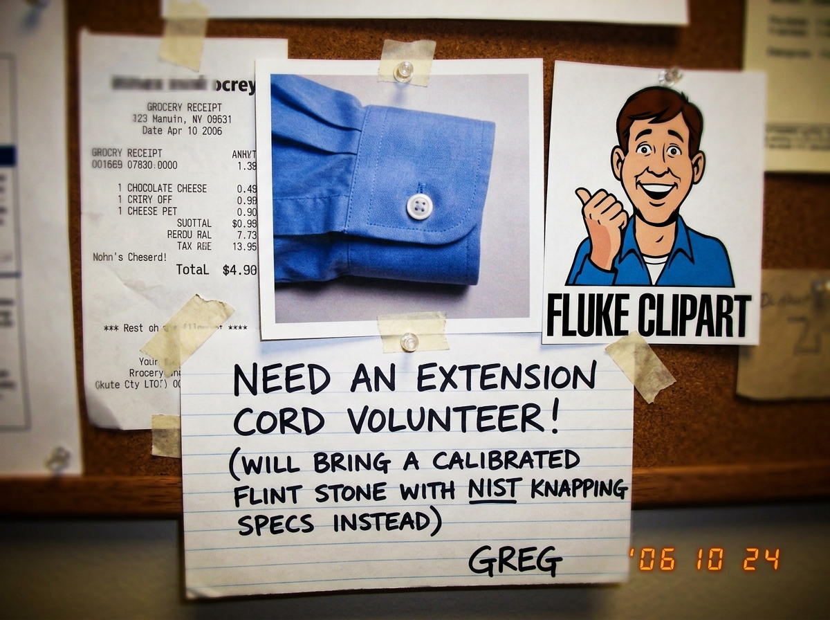 A shrine collage made from a cheese receipt, a cuff photo, and Fluke clipart, with a handwritten note demanding an extension cord volunteer and mockingly offering to bring a calibrated flint stone with NIST knapping specs instead