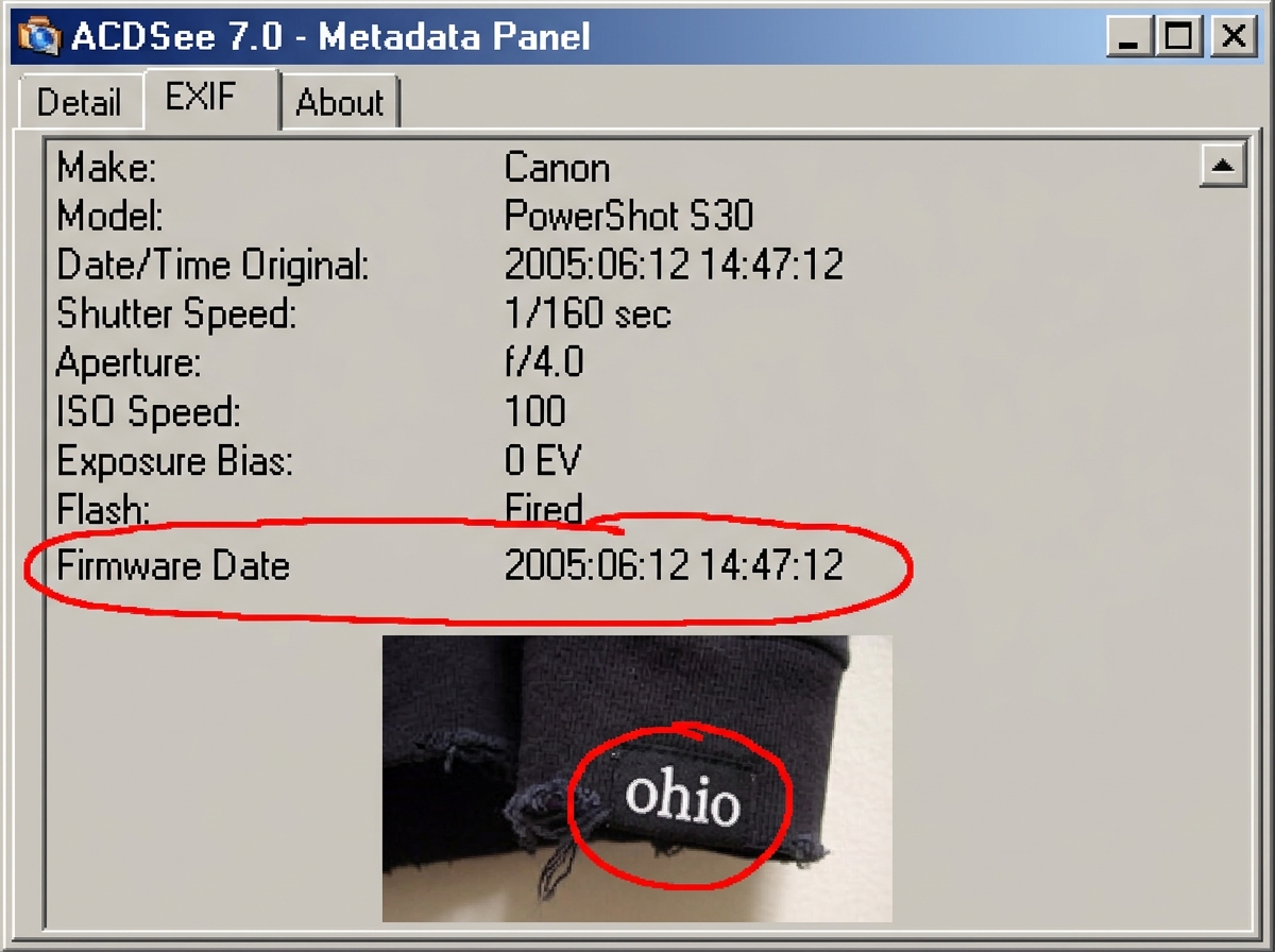 A screenshot of an EXIF metadata viewer window. The highlighted field is 'Firmware Date' showing 2005:06:12 14:47:12. Below it, a cropped corner of the same cuff photo shows 'ohio' in lowercase. Red circles drawn in MS Paint around both the firmware date and the typo. The window title bar reads 'ACD