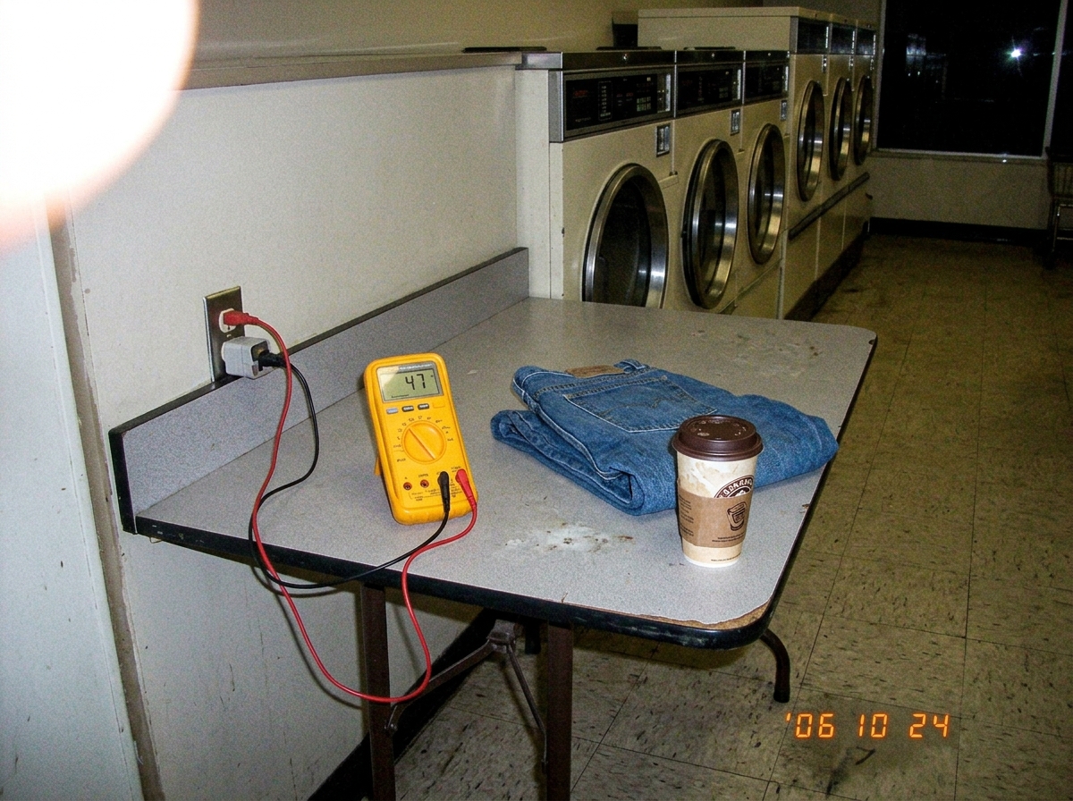 A dimly lit laundromat interior at night, showing a row of dryers and washing machines. On a grey folding table sits a yellow digital multimeter with probes leading to a wall socket that has a plug adapter in it. The multimeter display shows a reading around 47. The photo is slightly blurry and take