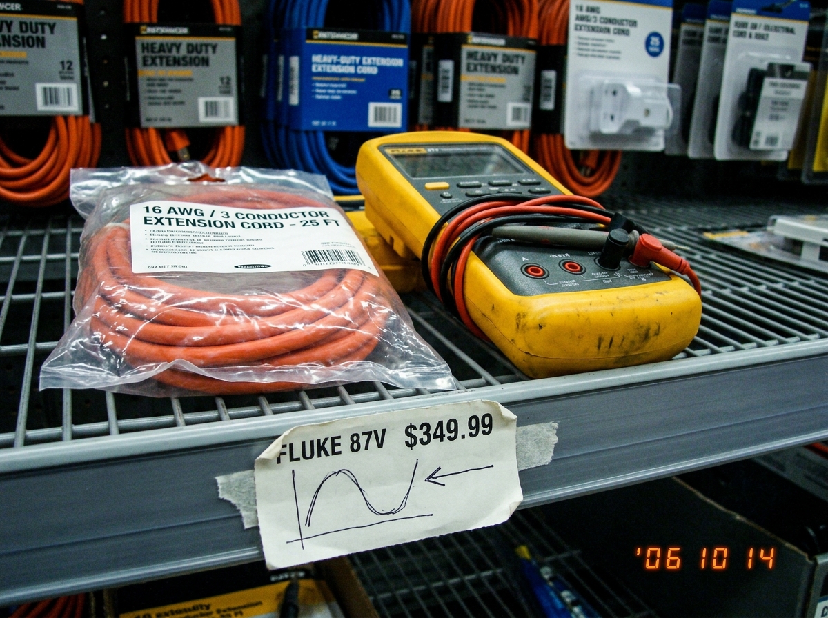 A close-up photo taken in a hardware store aisle showing a yellow Fluke 87V multimeter sitting on a shelf next to a package of 16awg extension cord. A torn price tag has a ballpoint pen doodle of a wavy gamma curve with an arrow pointing to the multimeter probe. In the background, blurry rows of ora