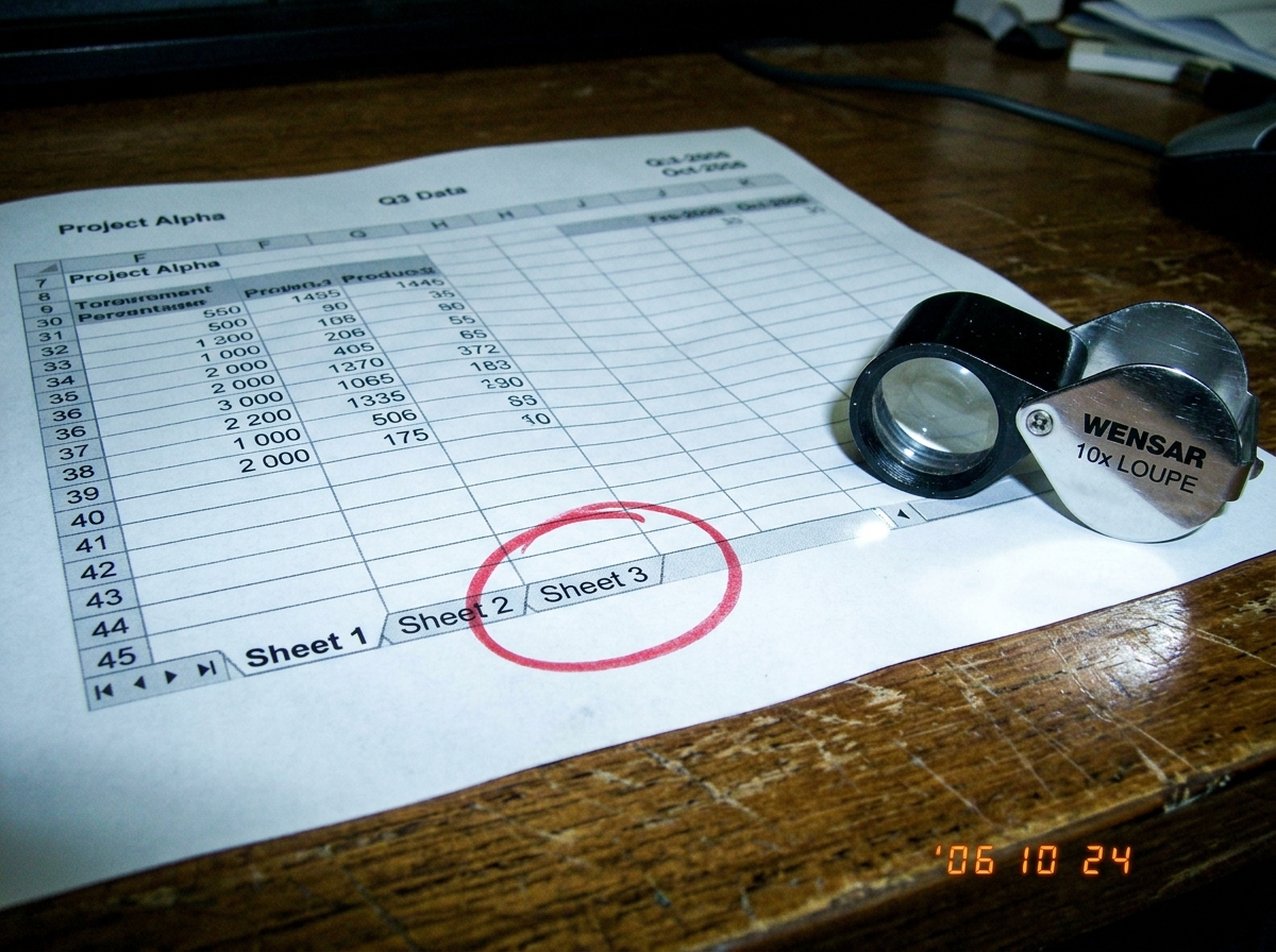 Close-up of a spreadsheet printed on paper, with 'Sheet 1' and 'Sheet 2' tabs visible at the bottom and a red circle drawn in pen around the nonexistent 'Sheet 3' area. A Wensar 10x loupe rests on the corner of the printout.