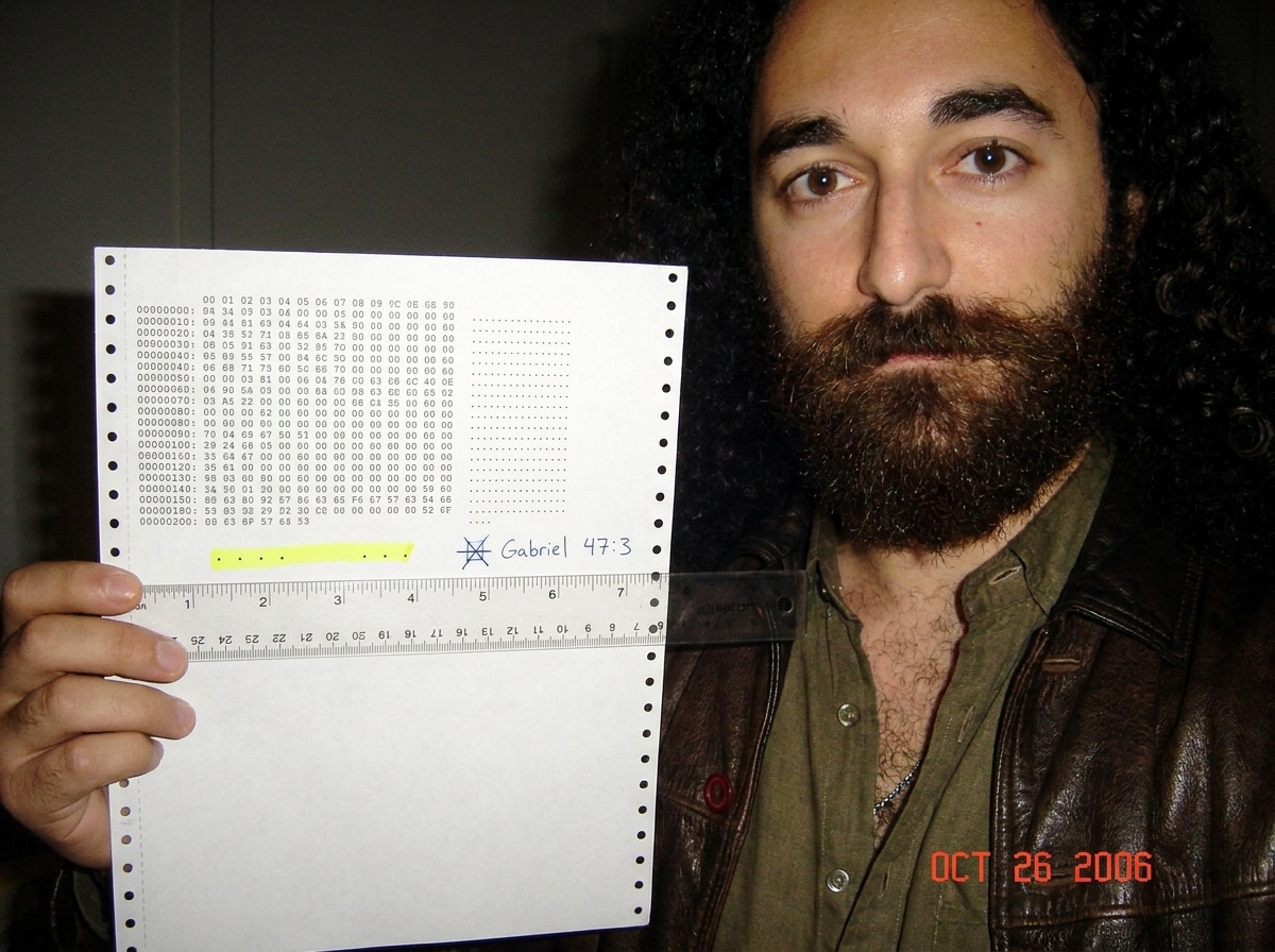 A close-up photo of a printed hex dump on dot-matrix paper, with a ruler laid across it measuring exactly 47 characters of whitespace before a footer line. A yellow highlighter marks the three-space-period-three-space-period pattern. In the corner of the photo, a hand-drawn cross and the text 'Gabri