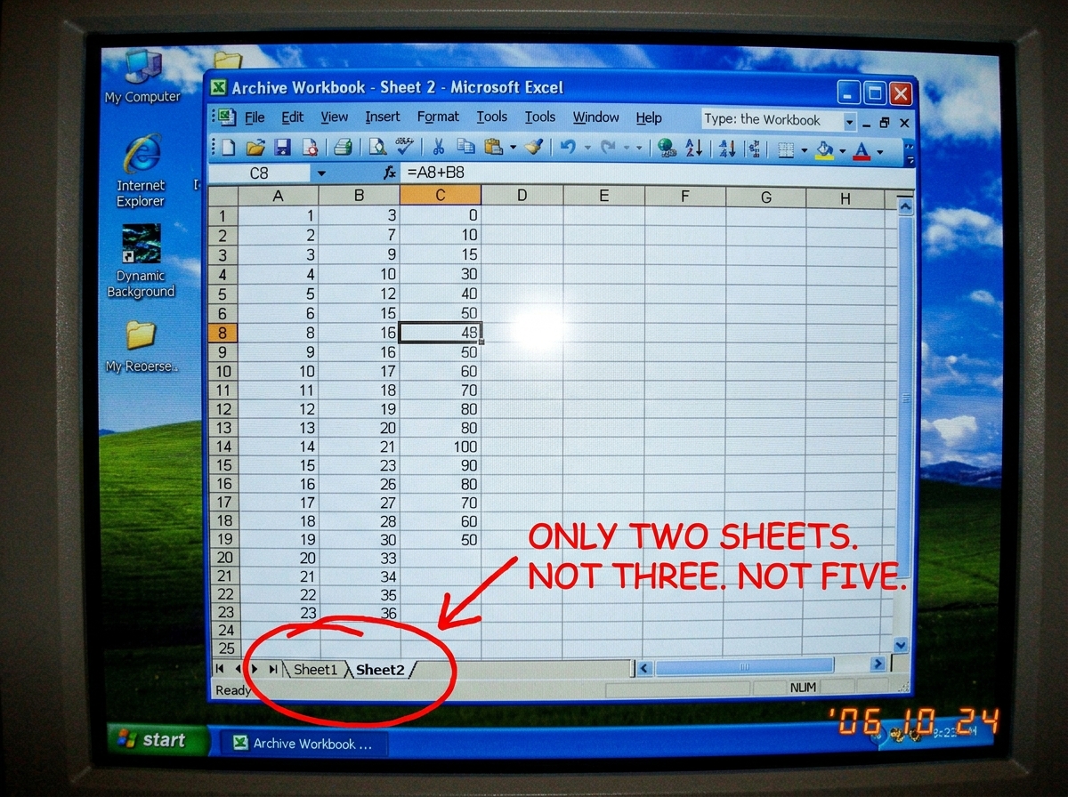 A screenshot of an Excel workbook window. The bottom tab bar shows only 'Sheet1' and 'Sheet2'. A red MS Paint circle is drawn around the tab bar with text in Comic Sans pointing: 'ONLY TWO SHEETS. NOT THREE. NOT FIVE.' The window title bar reads 'Archive Workbook - Sheet 2'.