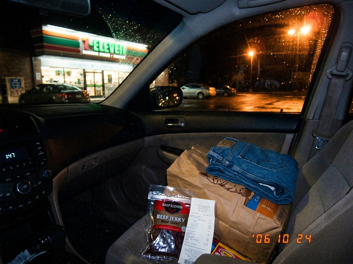 A blurry night photo of the Euclid 7-11 parking lot taken from inside a car. The convenience store sign is visible in the background. On the passenger seat sits a bag of beef jerky and a crumpled receipt. The dashboard clock reads 1:47. A pair of folded jeans is resting on top of the bag of cat food