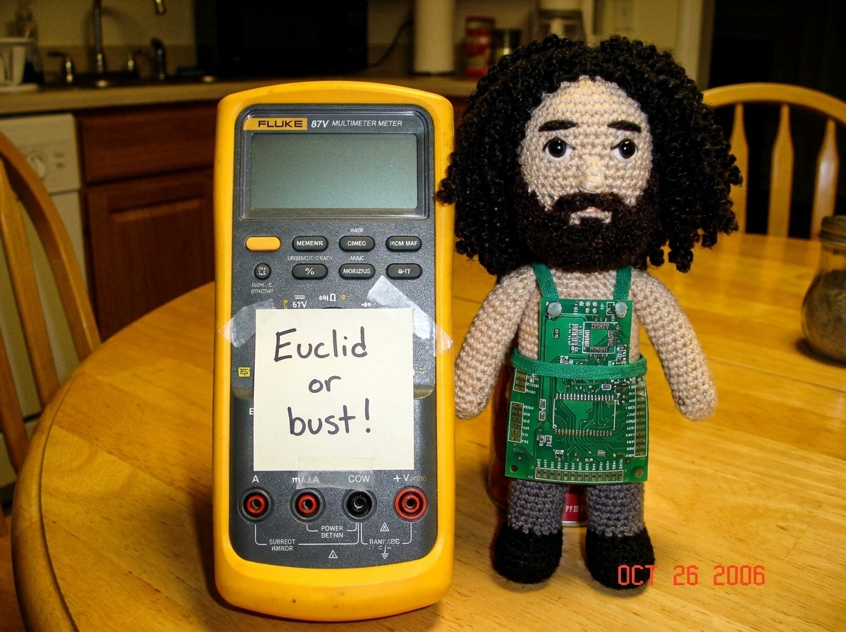 A photo of a Fluke 87V multimeter sitting on a kitchen table next to a crocheted Gabe-able doll wearing a tiny circuit-board apron. A handwritten note taped to the meter reads 'Euclid or bust!' The multimeter display is blank, showing no readings.