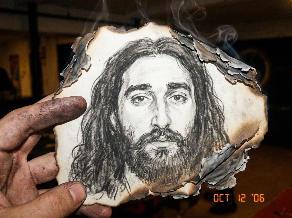 A charcoal portrait of Gabriel Chantayan's face, drawn on rough kozo vellum paper with multiple layers of burnt edges around the edges. The drawing is held by hands with charcoal dust on the fingertips. Dark studio lighting with smoke rising from the charred edges of the paper.