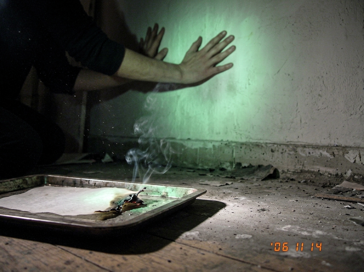 A photo taken from inside a darkened studio, showing hands pressing flat against a plaster wall as the room emits a faint green glow. Smoke rises from the edge of a burning piece of kozo vellum on a metal tray on the floor. The camera is positioned low near the floor to capture the tactile energy.